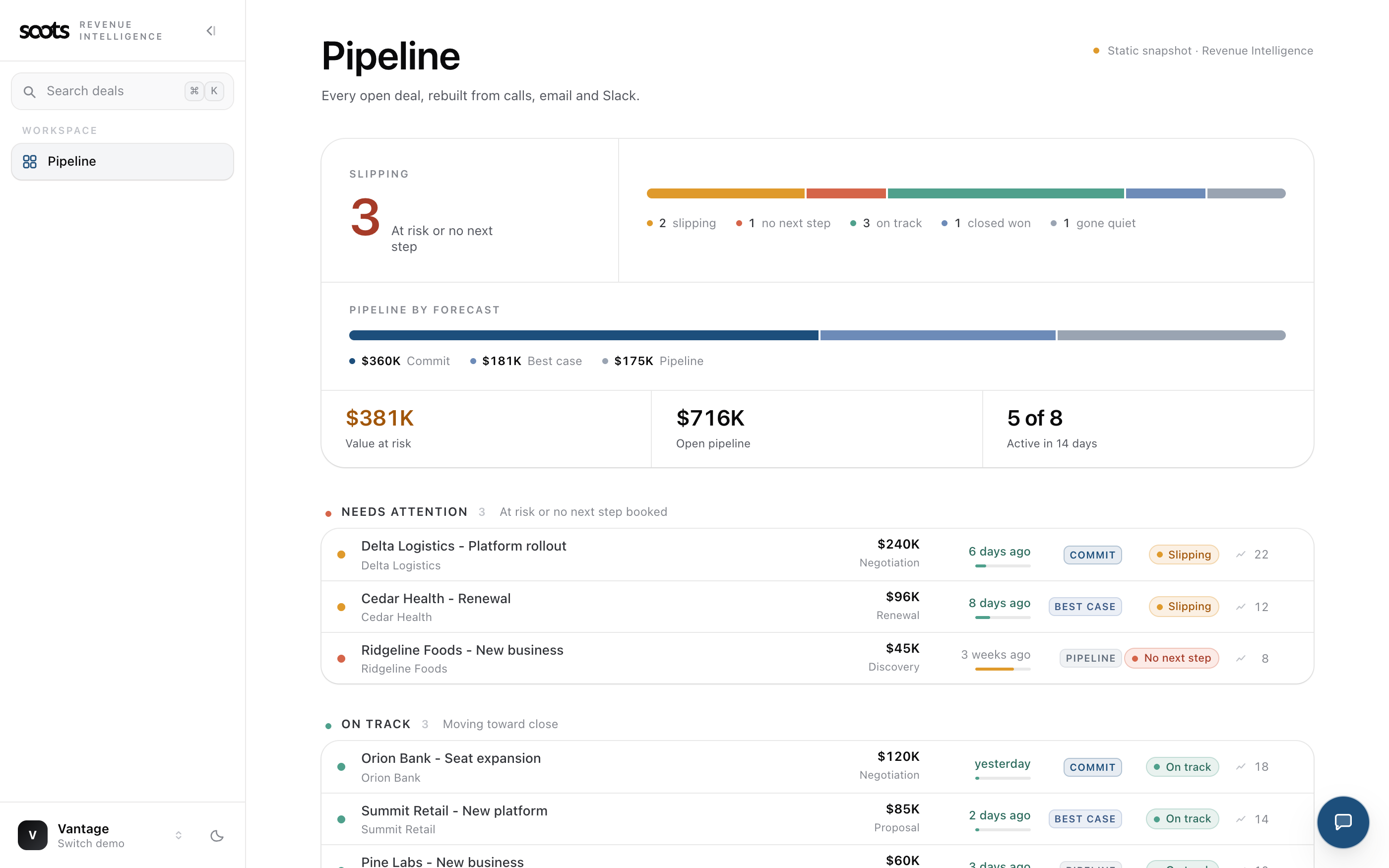 Soots portal, account portfolio with churn-risk and revenue signals